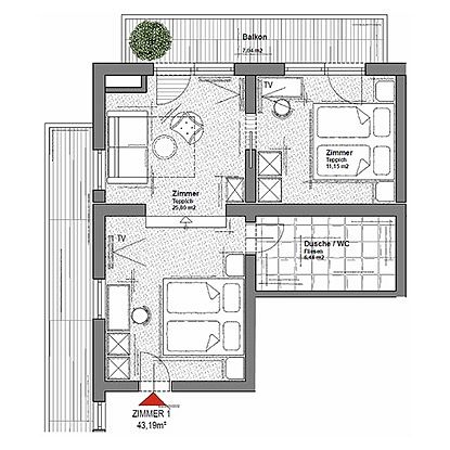 Grundriss der Familiensuite Grundlhof